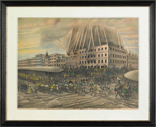 Color lithograph titled ‘The Old Philadelphia Fire Department period of 1850, the great engine contest on Sunday Evening July 7th 1850 at 5th & Market Sts,’ after Charles Spieler, published by Theo Leonhardt & Son, 21 1/2 inches x 29 inches. Image courtesy of Pook & Pook Inc.